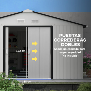 Caseta de Jardín Exterior 12,4 m² 340x386x200 cm Cobertizo de Jardín Exterior con Puerta Corredera Techo Inclinado Base Refuerzo (Suelo NO Incluido) y 4 Ventanas para Patio Terraza Blanco