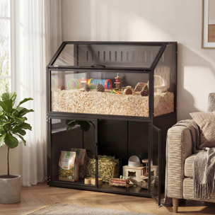 Cage hamster rongeur armoire 2 portes 2 en 1 acier noir acrylique transparent toit ouvrant
