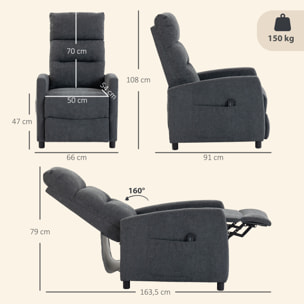 Sillón de Masaje, Sillón Relax Reclinable 160° con Mando a Distancia, Reposapiés, 2 Zonas de Masaje, Respaldo Alto, Asiento de Muelles, Bolsillos, Tapizado en Chenilla, 66x91x108 cm Gris Oscuro