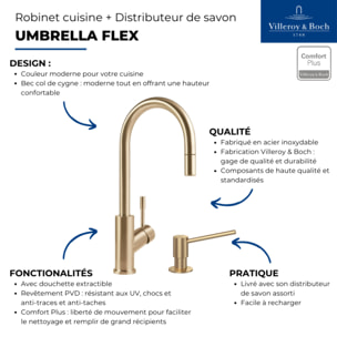 Robinet cuisine Umbrella flex + Distributeur de savon Or mat