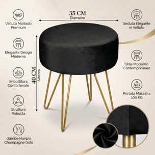 Pouf Tondo in Velluto con Gambe Dorate, Sgabello Imbottito dal Design Elegante e Moderno per Soggiorno, Camera da Letto, Ingresso e Toeletta