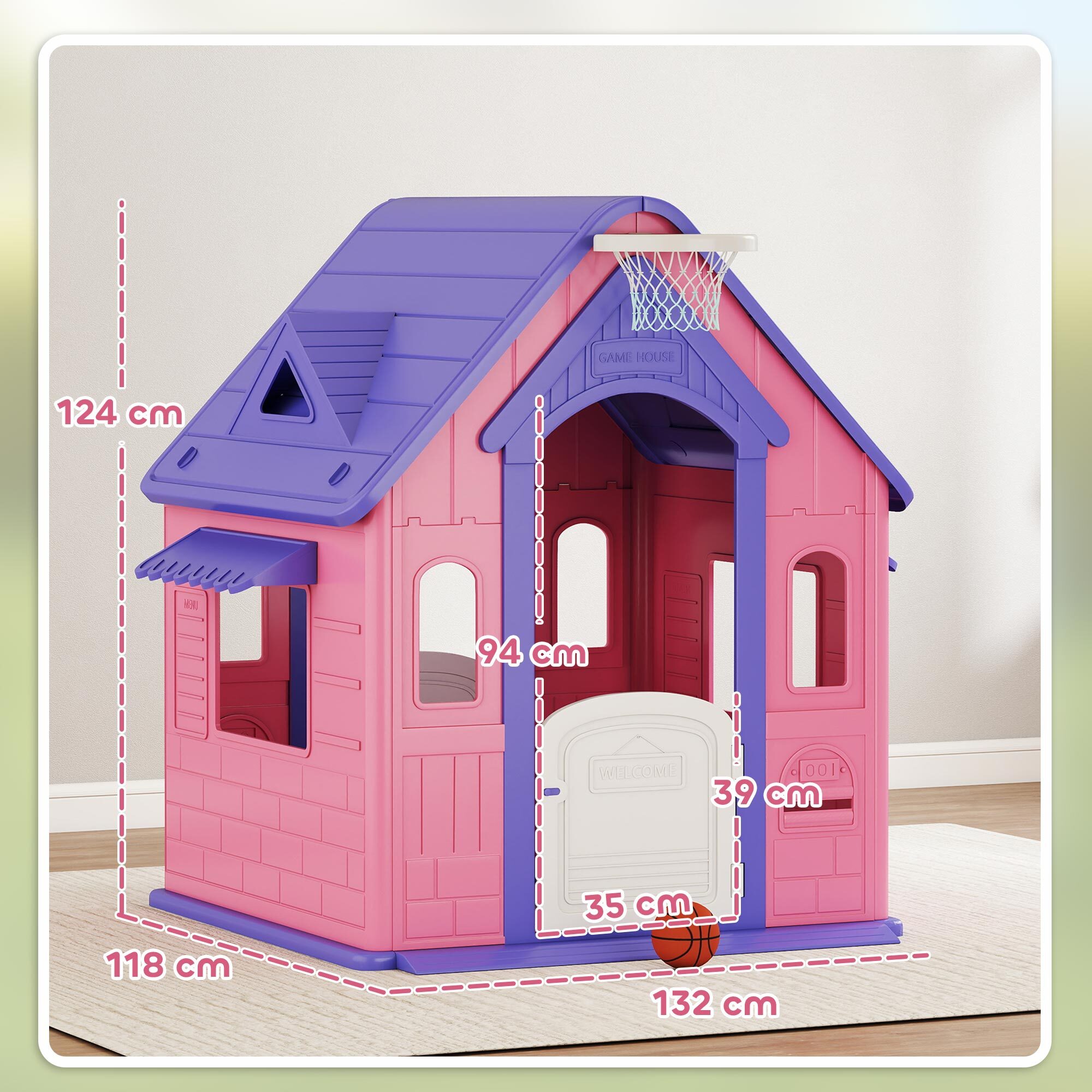 Casita Infantil Exterior e Interior 3 en 1, Casita Infantil de Jardín con Lanzamiento de Aros, Baloncesto, Casa de Juegos para Niños de 2-5 Años, Rosa y Morado