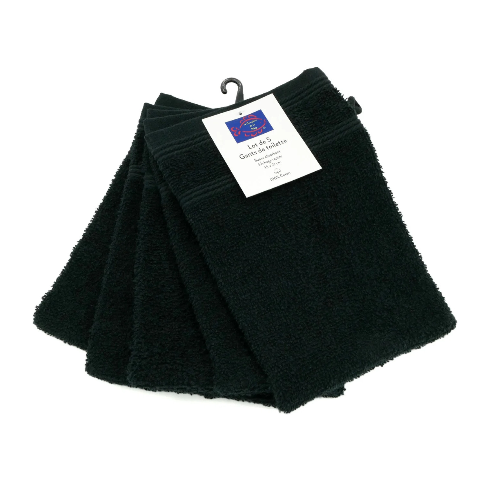 Lot de 5 gants de toilette - Noir - 15x21cm