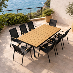 Ensemble de jardin table 190cm effet bois + 8 fauteuils SODRE