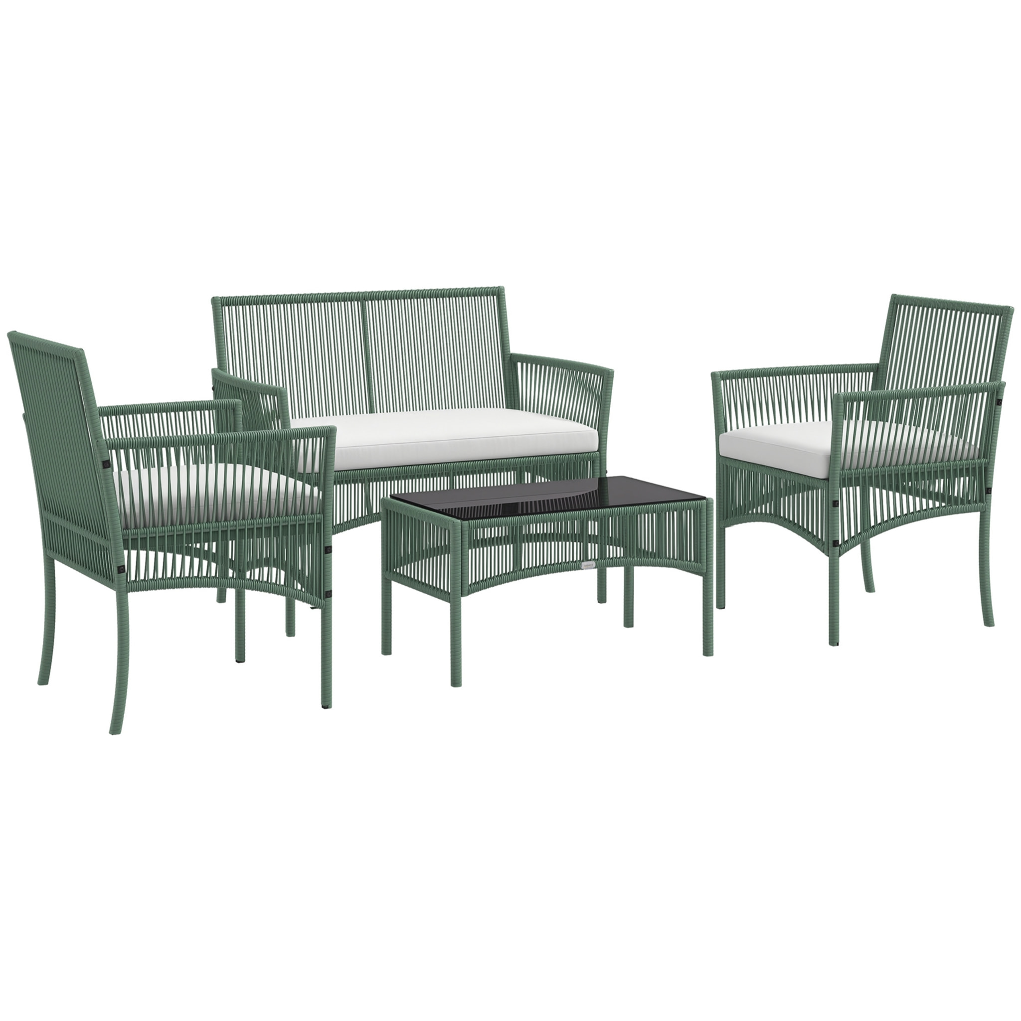 Conjunto Jardín Exterior de Ratán, Muebles Jardín Exterior para 4 Piezas, Muebles Terraza con 1 Sofá de 2 Plazas, 2 Sillones, Cojines y 1 Mesa de Tablero de Vidrio, para Patio, Verde Oscuro