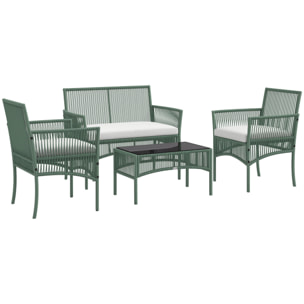 Conjunto Jardín Exterior de Ratán, Muebles Jardín Exterior para 4 Piezas, Muebles Terraza con 1 Sofá de 2 Plazas, 2 Sillones, Cojines y 1 Mesa de Tablero de Vidrio, para Patio, Verde Oscuro