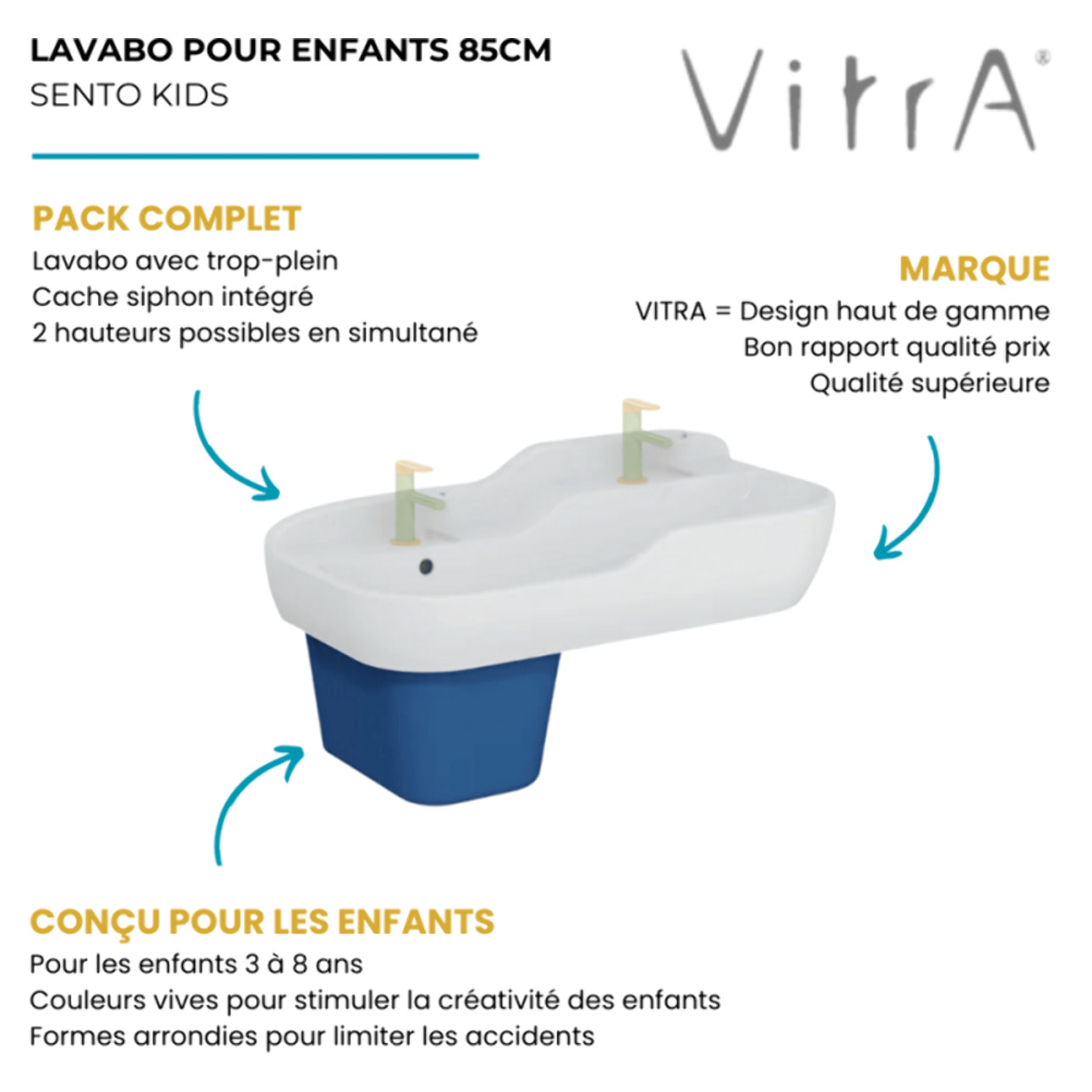 Lavabo pour enfant Sento Kids 85 cm 2 hauteurs avec trop-plein + cache-siphon Sento kids