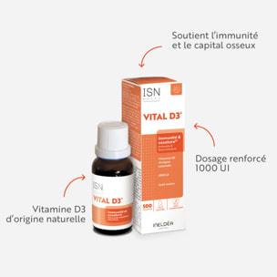 ISN - Vital D3 - 1000 UI - Complément Alimentaire riche en Vitamine D3 - Origine 100% Naturelle - Capital Osseux & Soutien de l'Immunité - Goût Neutre - Flacon Compte-gouttes 20ml