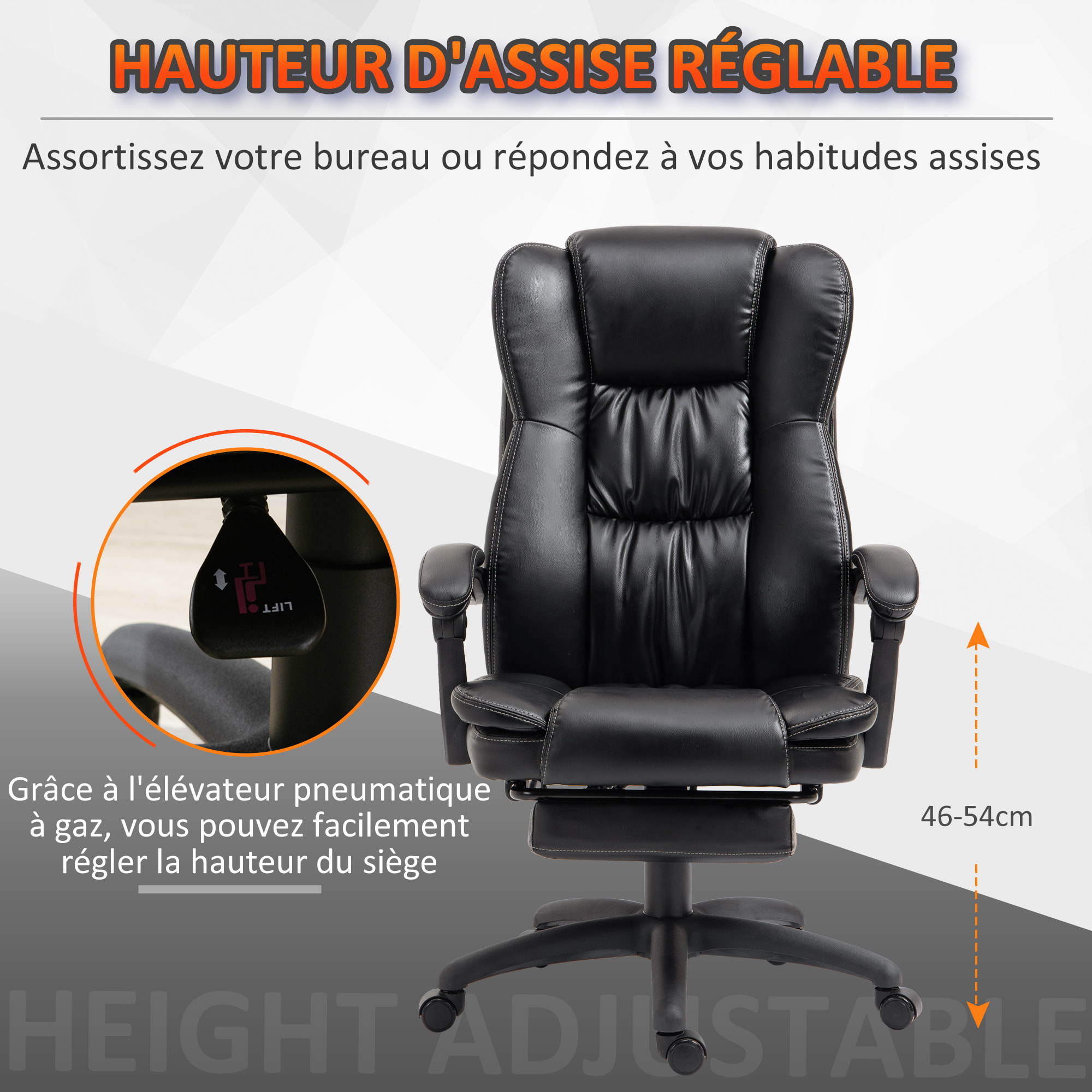 Fauteuil bureau massant inclinable réglable repose-pieds rétractable grand confort synthétique noir