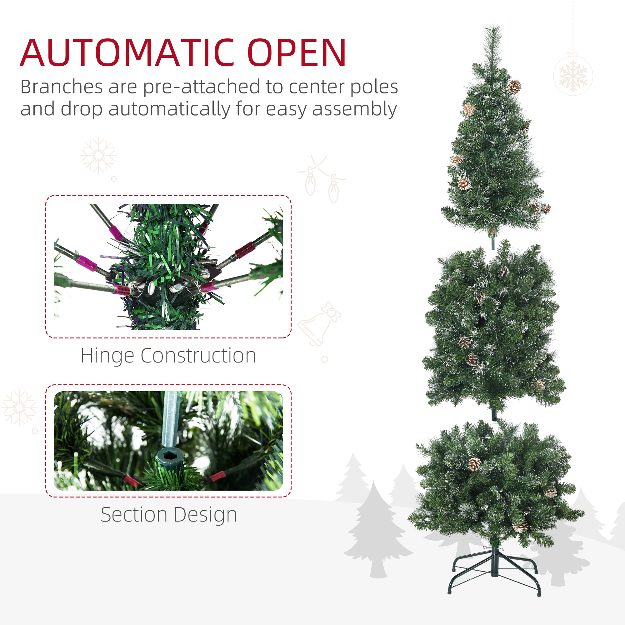 HOMCOM Albero di Natale Artificiale da 180cm con Pigne, 618 Rami e Base in Metallo, Verde