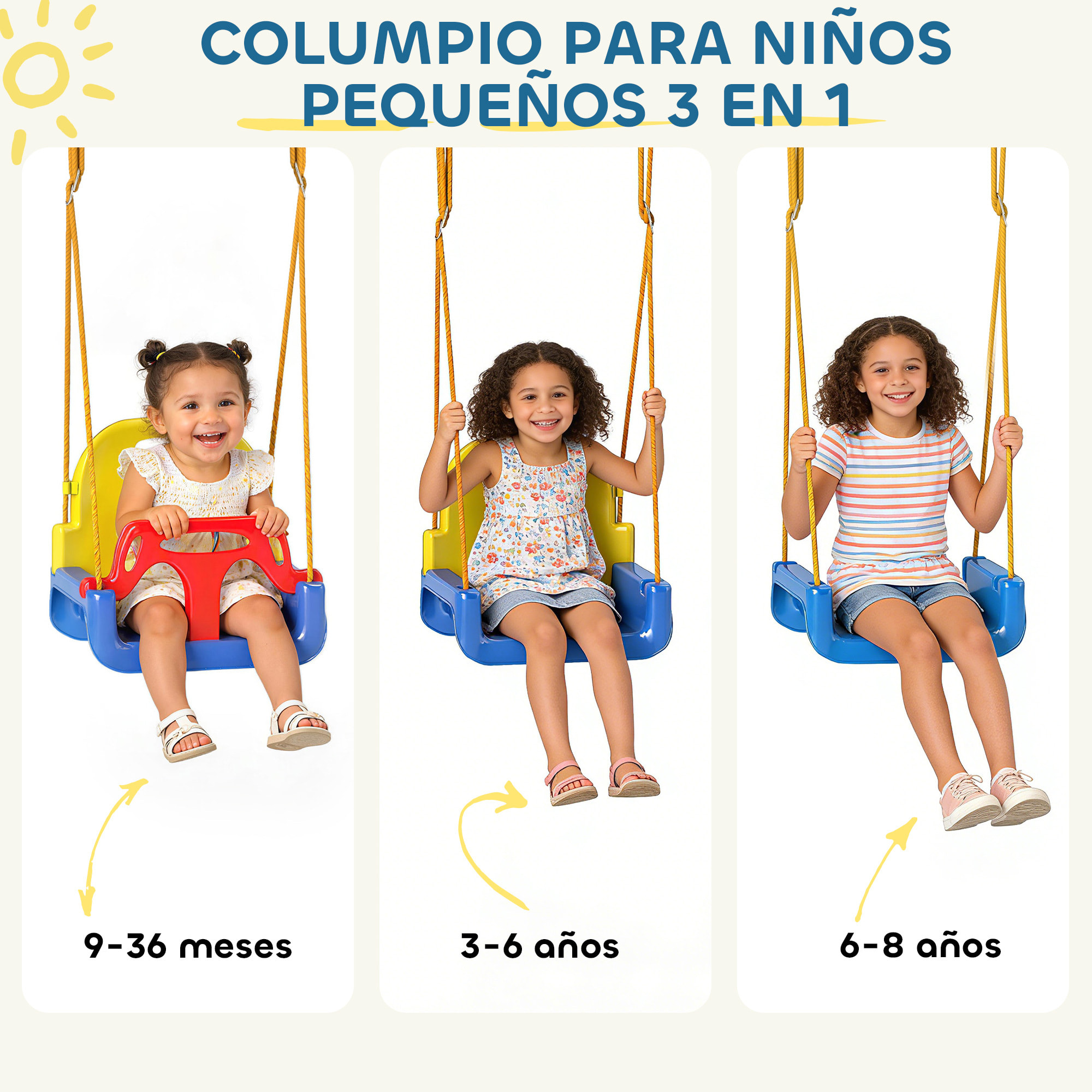 Columpio para Bebés 3 en 1, Columpio Jardín Exterior con Cuerdas Ajustables, Cinturón de Seguridad, Marco de Acero Plegable, para Niños de 9 Meses a 8 Años, para Interior, Exterior, Azul