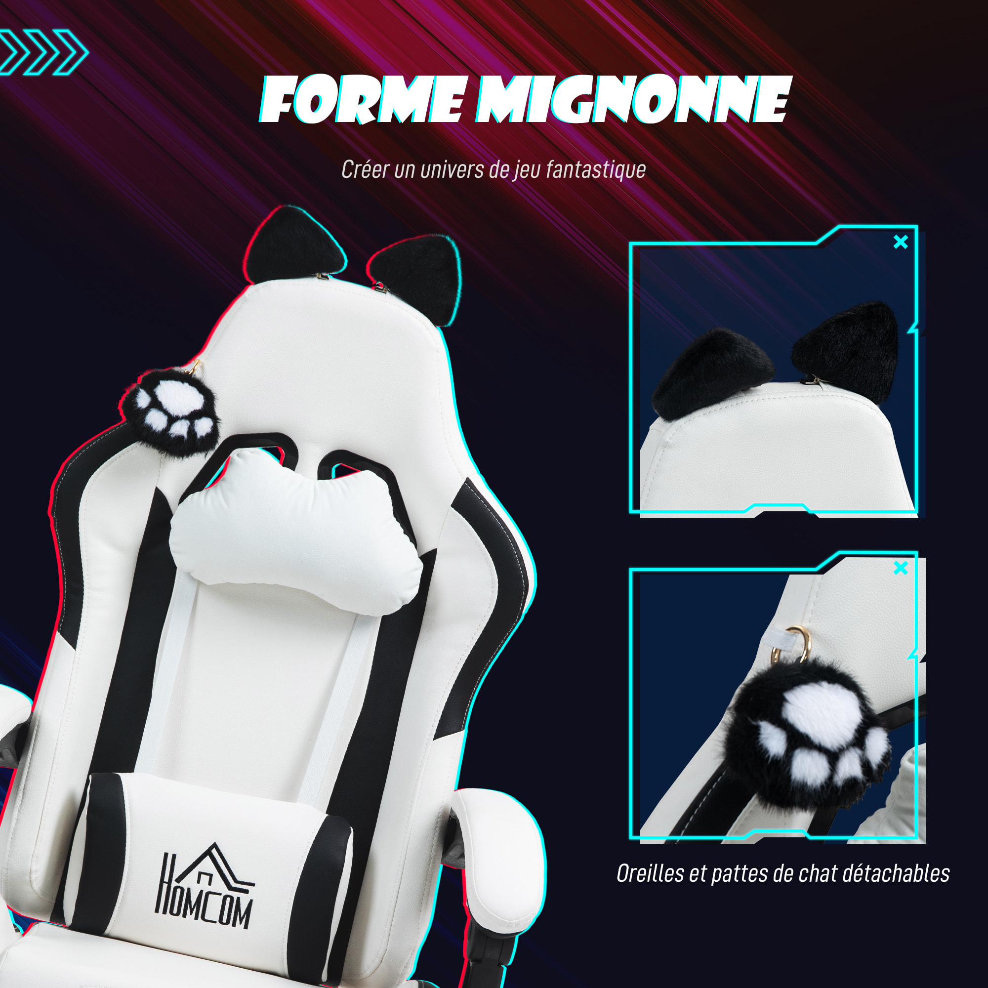 Chaise gaming design oreilles et patte de chat - inclinable, repose-pieds rétractable - blanc noir