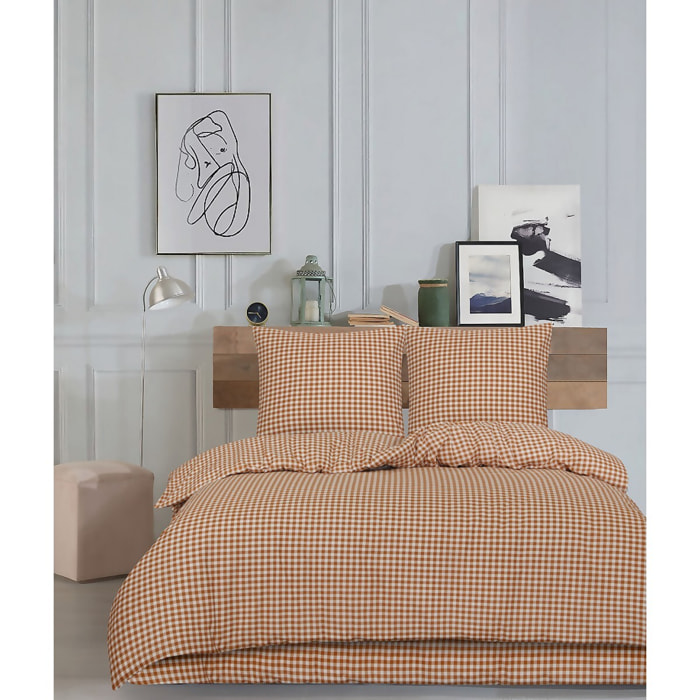 Housse de couette + taie(s) oreiller "Vichy mocca" 100% coton imprimé.