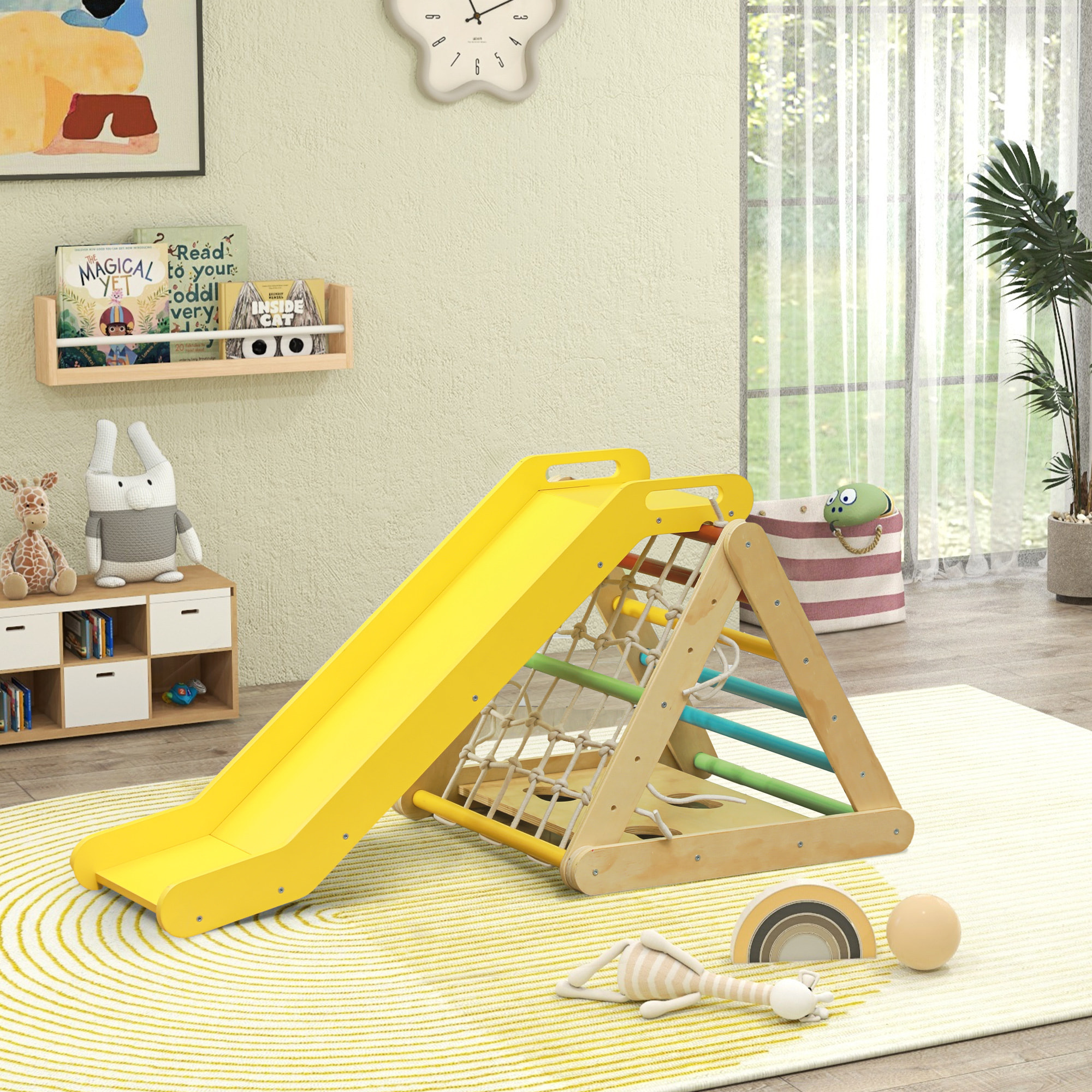 Ensemble d'escalade en bois 5 en 1 - triangle Pikler, toboggan, filet à grimper, rampe, jeu adresse - panneaux bois pin