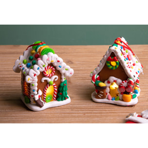 Set Di 2 Casette Ginger Bread Con Led. Altezza 9,5 Cm - Pezzi 2 - 7X9,5X7cm - Colore: Altro - Bianchi Dino - Articoli Natalizi