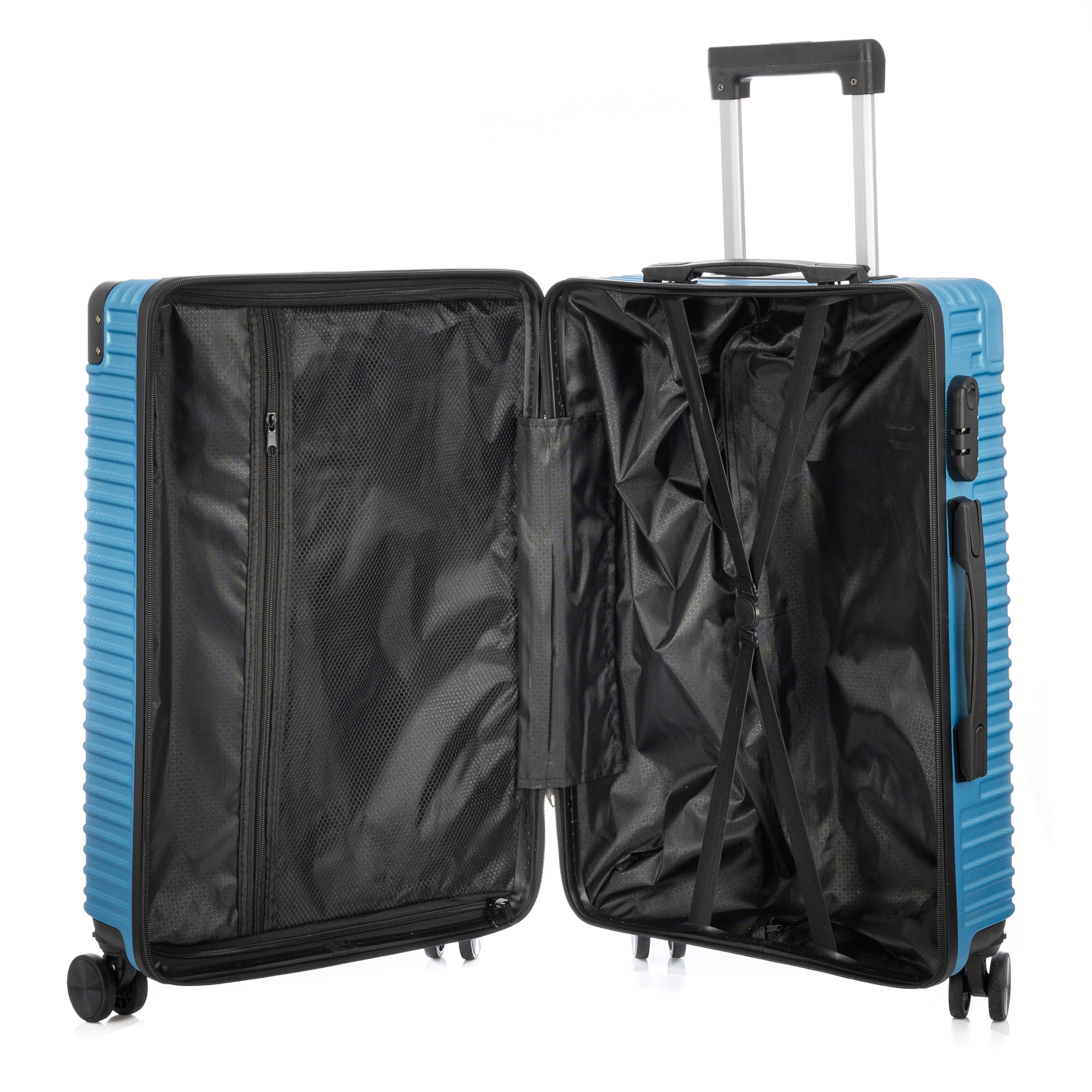 DAM Set di 3 valigie Trolley, in materiale leggero ABS ad alta resistenza con angoli rinforzati. Serratura numerica e 4 ruote doppie rimovibili e girevoli a 360°. 54x32x80 Cm. Colore: Blu Denim