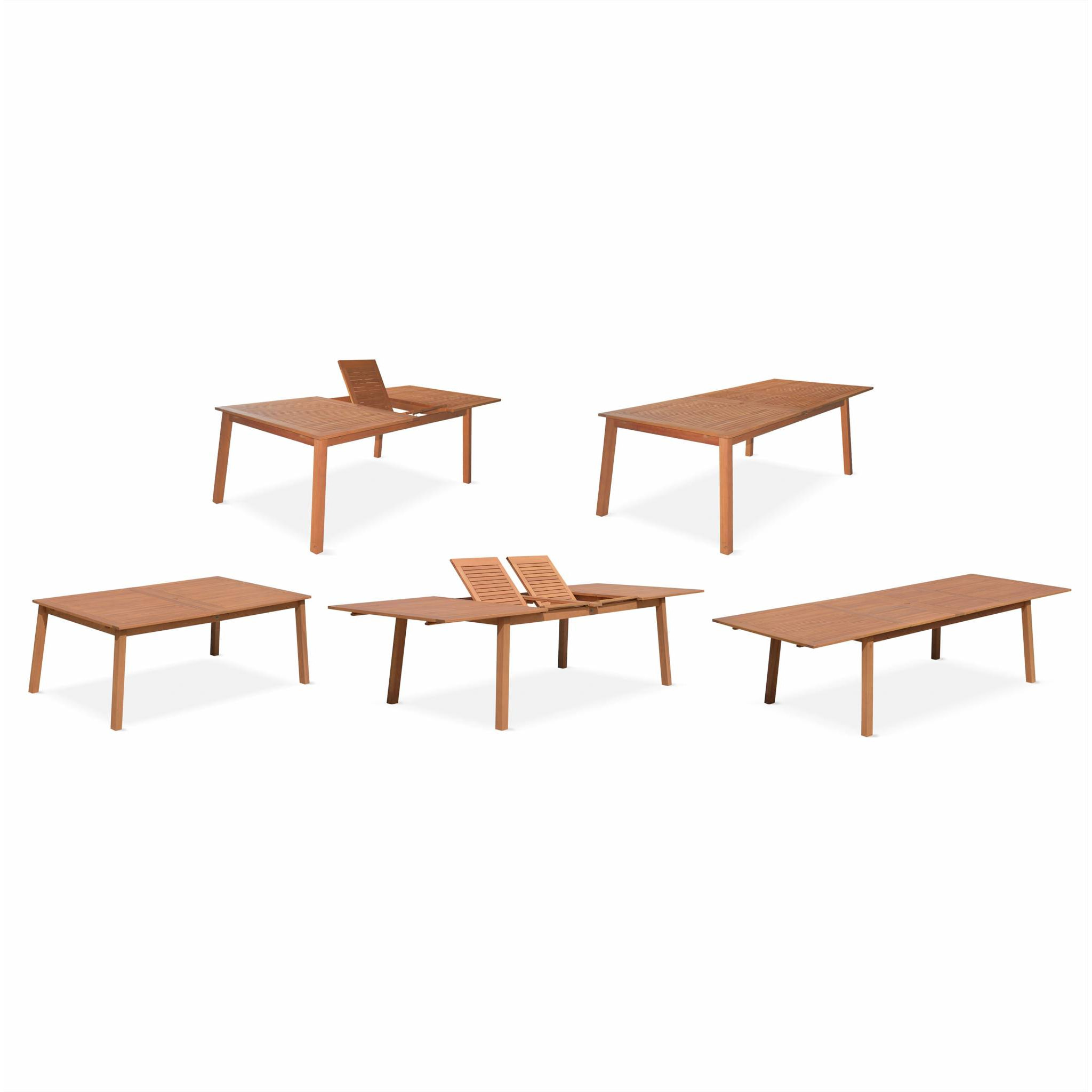 Salon de jardin en bois extensible - Almeria - table 200/250/300cm avec 2 rallonges. 2 fauteuils et 8 chaises. en bois d'Eucalyptus huilé et textilène gris taupe