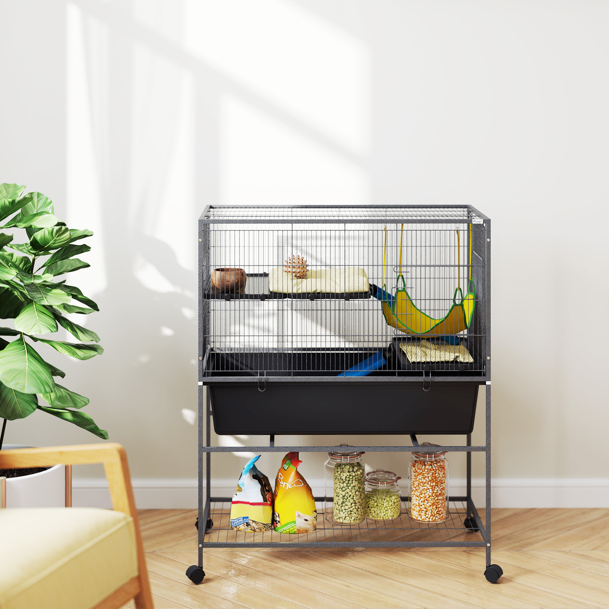 Jaula para Hurones de 3 Niveles Jaula para Conejos con Ruedas Rampas Hamaca y Bandeja Extraíble Recinto para Roedores Chinchillas 88x48x102 cm Gris Oscuro