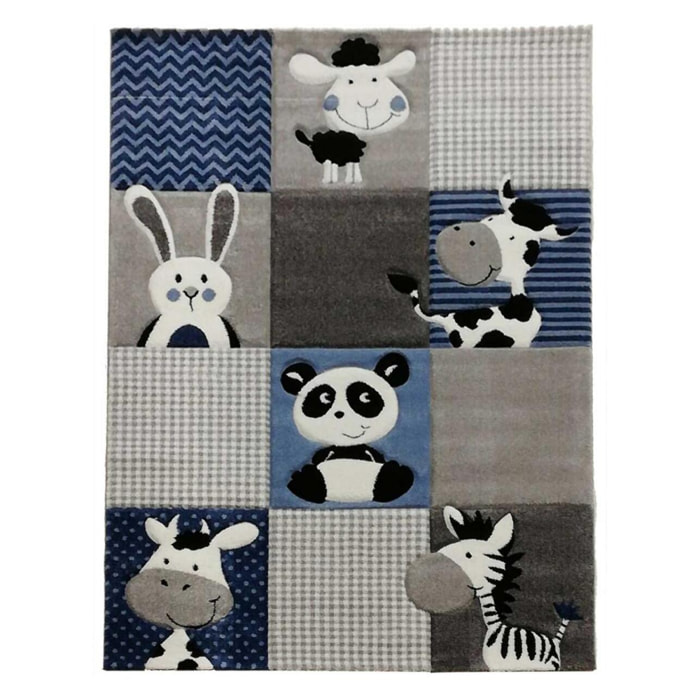 Tapis enfant, tête d'animaux bleu, gris, noir