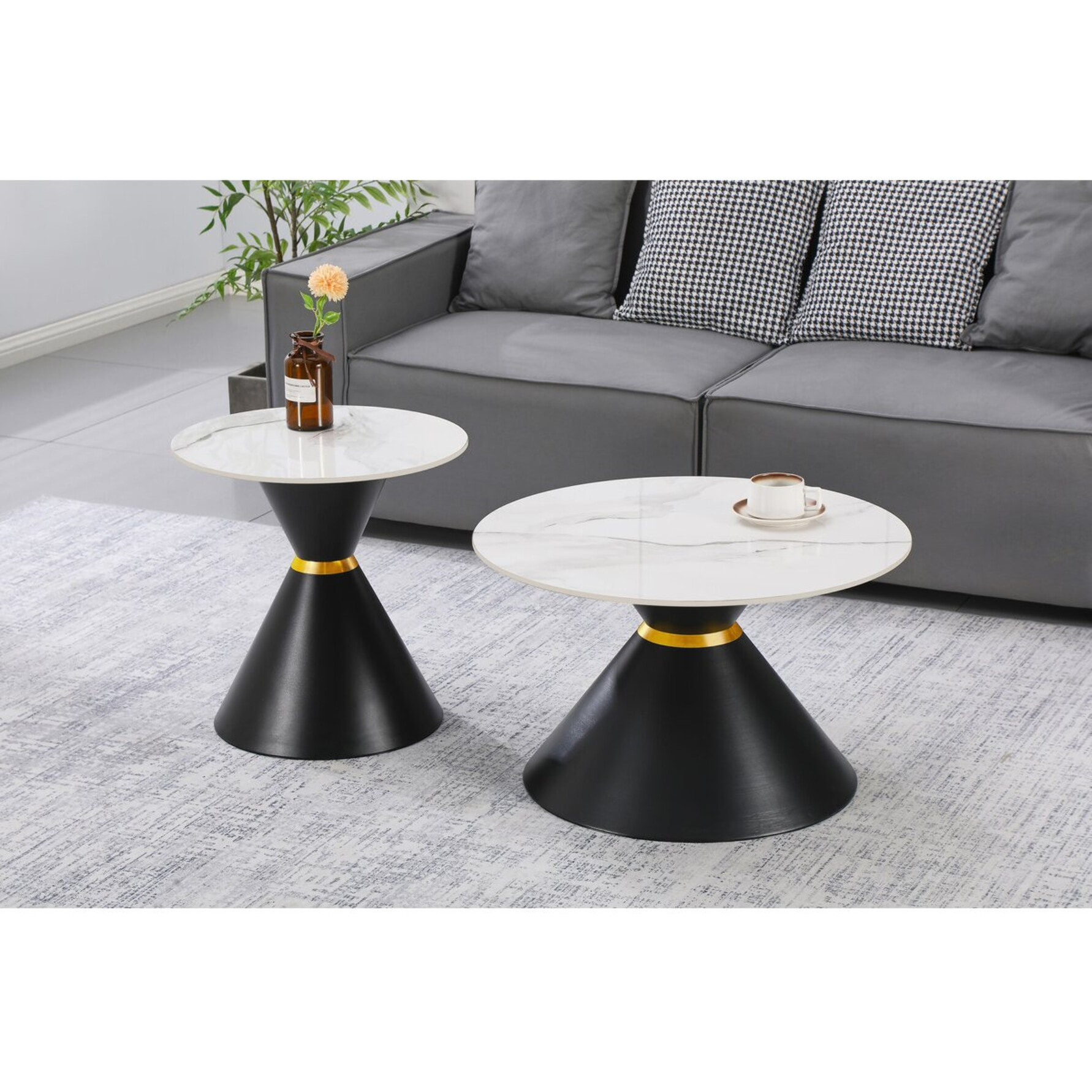 Lot de 2 tables basses gigognes en céramique "Lune" - 70 x 70 x 42 cm - Gris/Blanc