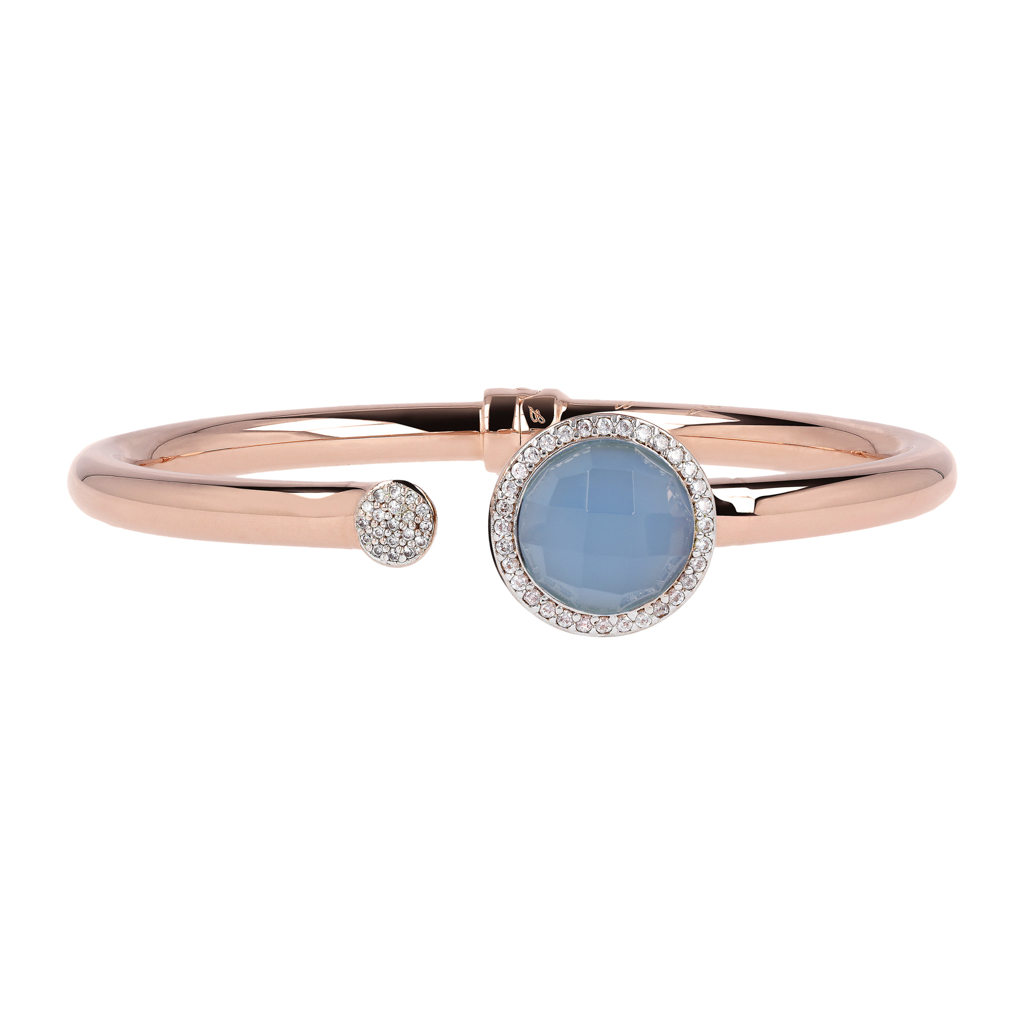 Bracciale Rigido con Pietra Naturale Tonda Calcedonio Azzurro e Pavé in Cubic Zirconia