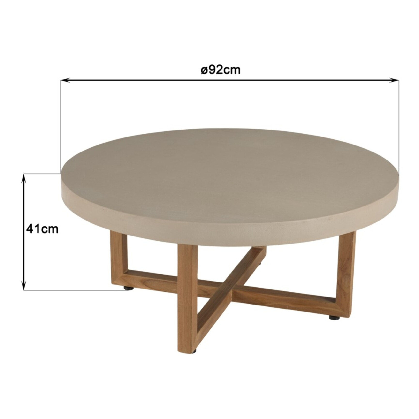DAK - Table basse ronde 92x92cm en béton beige pieds croisés en teck