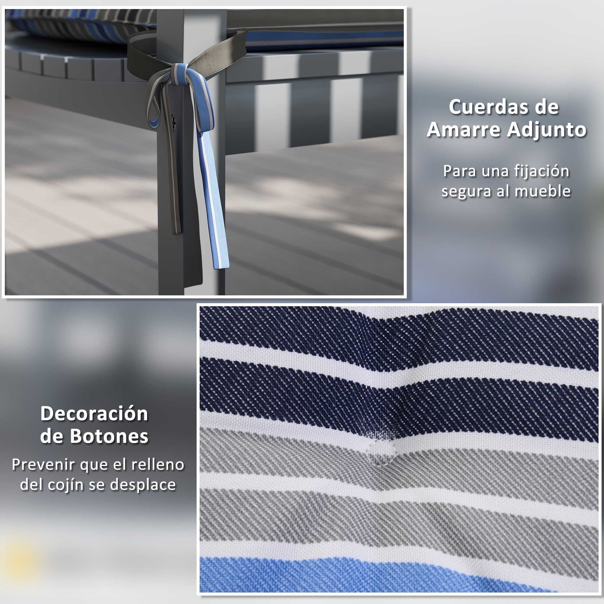 Juego de 2 Cojines para Banco de Jardín de 2 Plazas 120x50x5 cm Cojines Rectangulares para Interior y Exterior Impermeable con Relleno Grueso y Cintas de Sujeción Rayas Multicolor