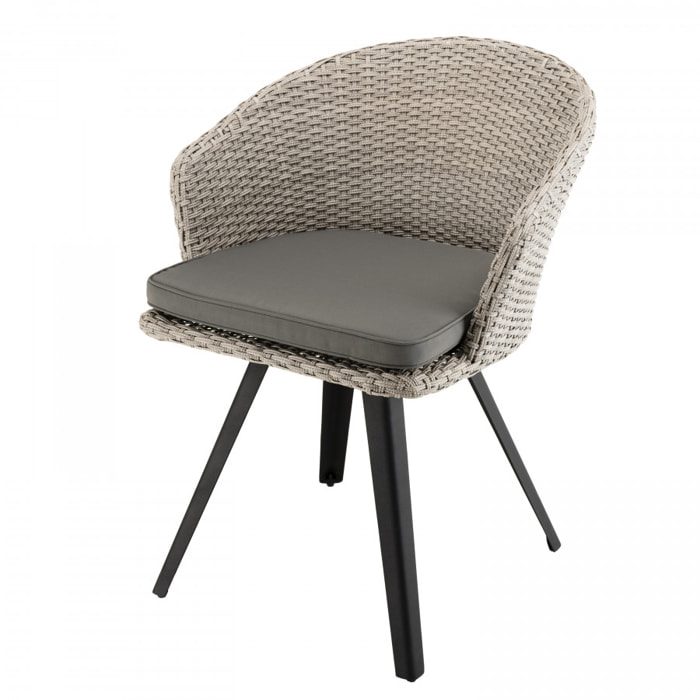 VICTOIRE - Chaise de jardin en rotin synthétique gris avec coussin gris pieds noirs en métal