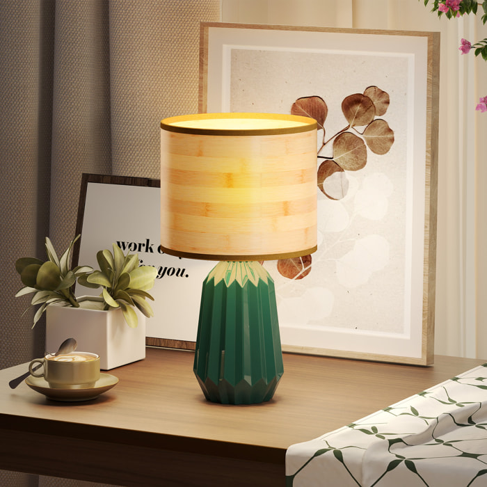Lámpara de Mesa con Base de Cerámica y Pantalla de Lino Lámpara de Mesita de Noche de Estilo Retro con Interruptor para Dormitorio Salón E27 40W Verde y Madera Natural