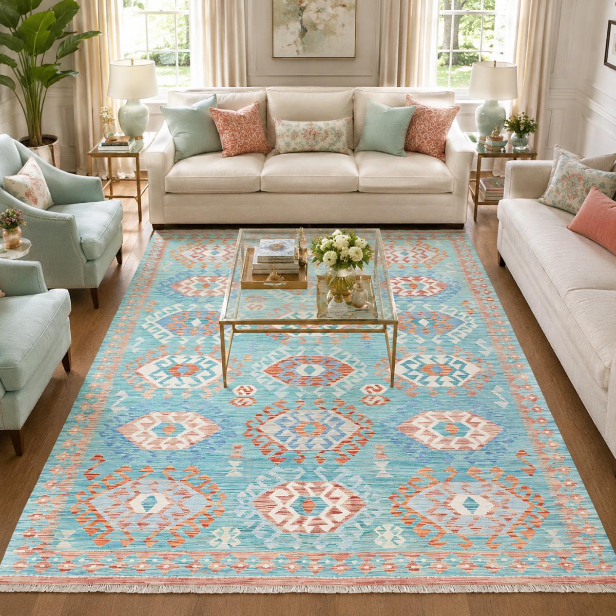 Tapis kilim géométrique, tissé à plat, en laine naturelle