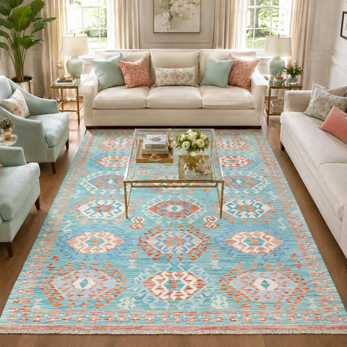 Tapis kilim géométrique, tissé à plat, en laine naturelle