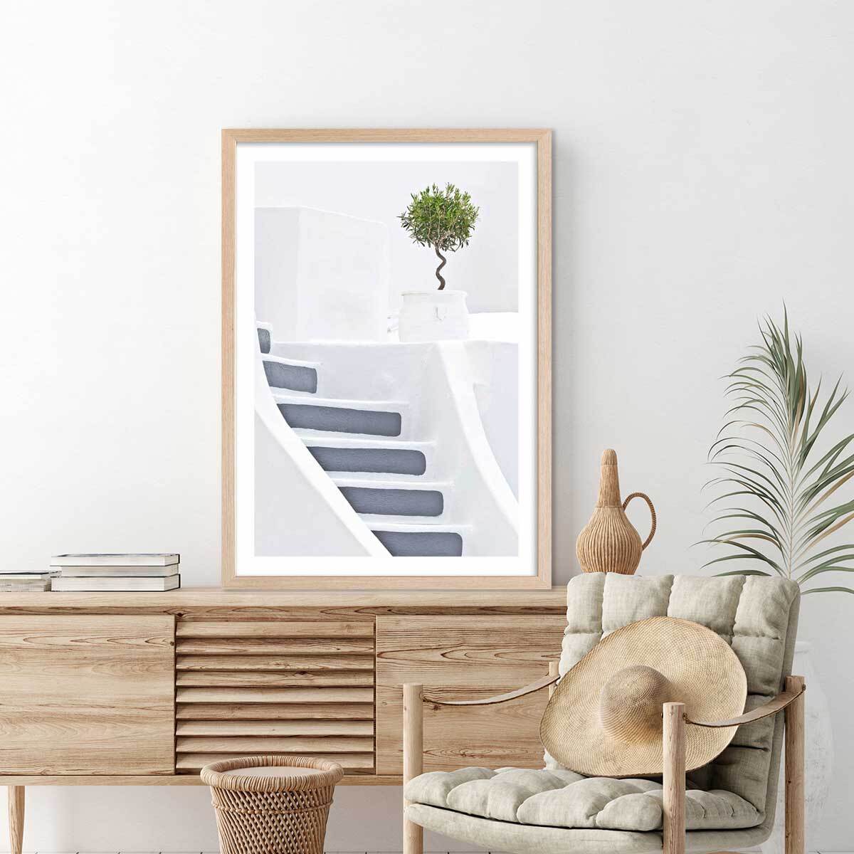 Poster escalier blanc paros Affiche + cadre en bois - Chêne