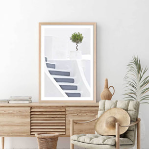 Poster escalier blanc paros Affiche + cadre en bois - Chêne