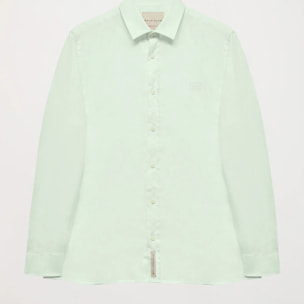 Camicia verde chiaro in lino con collo francese e logo ricamato