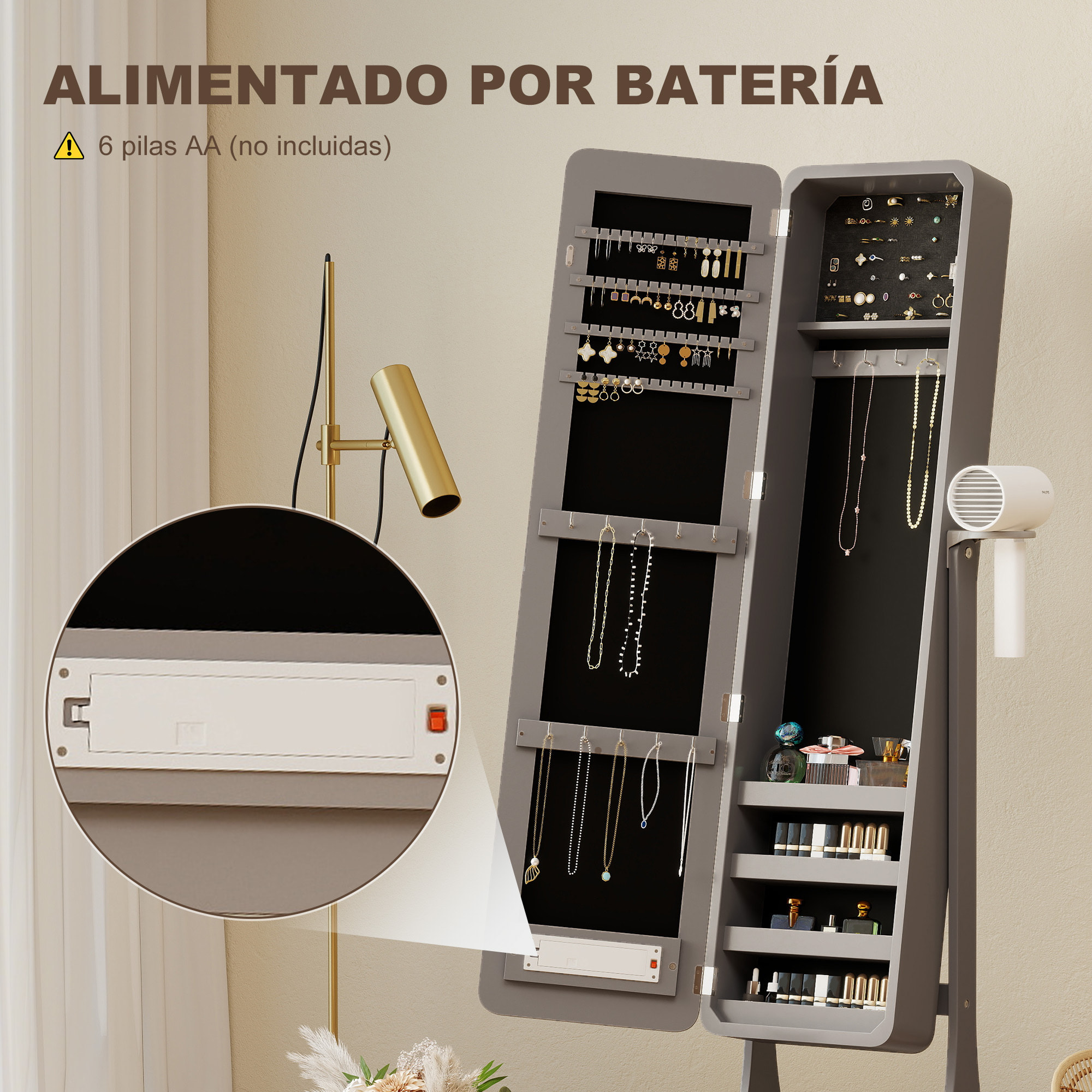 Espejo Joyero con Luces LED, Armario para Joyas, Armario Joyero con Espejo Entero de Ángulo Ajustable, Cajón, Interruptor Táctil, Luces Apagado Automático, Soporte para Secador, Gris