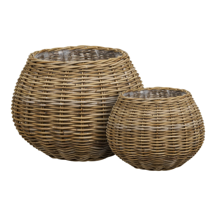 Set 2 ceste Melaka in kubu rattan naturale rotonde — piccola ø33 cm e grande ø57 cm