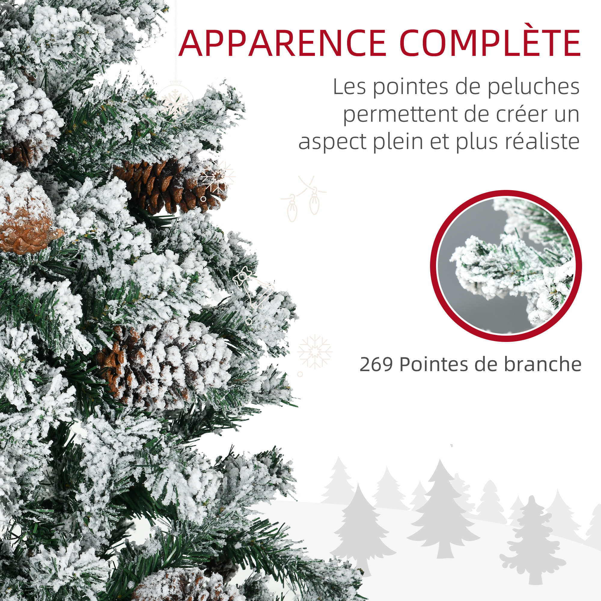 Sapin de Noël artificiel avec 28 pommes de pin arbre de Noël 269 branches enneigées support en acier socle pliable hauteur 120 cm vert