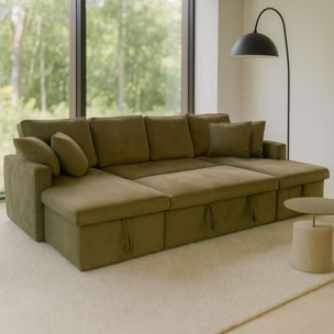 ELLA Canapé panoramique convertible avec coffres 4 places en velours côtelé vert