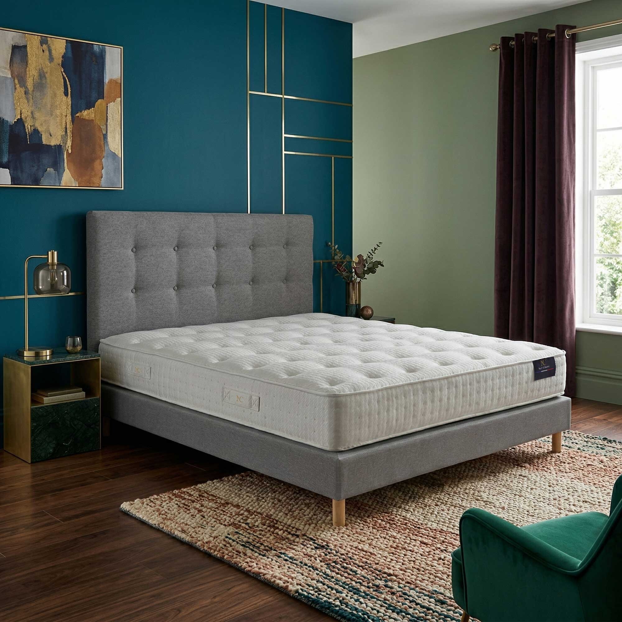 Ensemble matelas ressorts ensachés SÉLÉNÉ 2, accueil latex, H26 cm, sommier et tête de lit gris