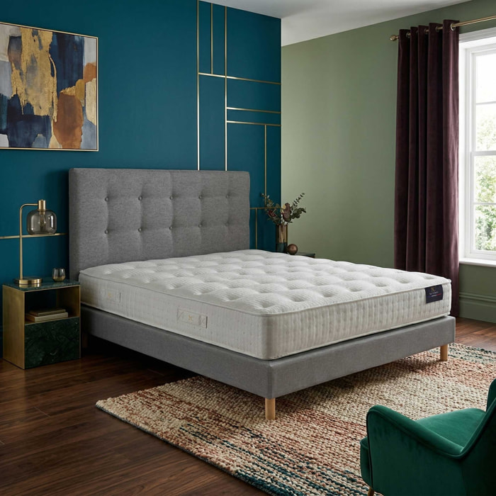 Ensemble matelas ressorts ensachés SÉLÉNÉ 2, accueil latex, H26 cm, sommier et tête de lit gris