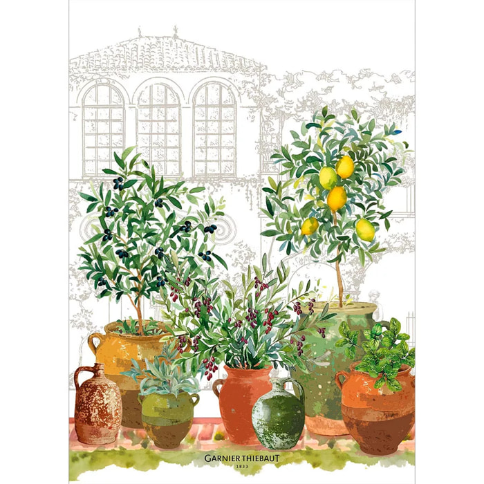 Torchon lin & coton lavé 190 g/m² imprimé vert marron Jardin provencal olive