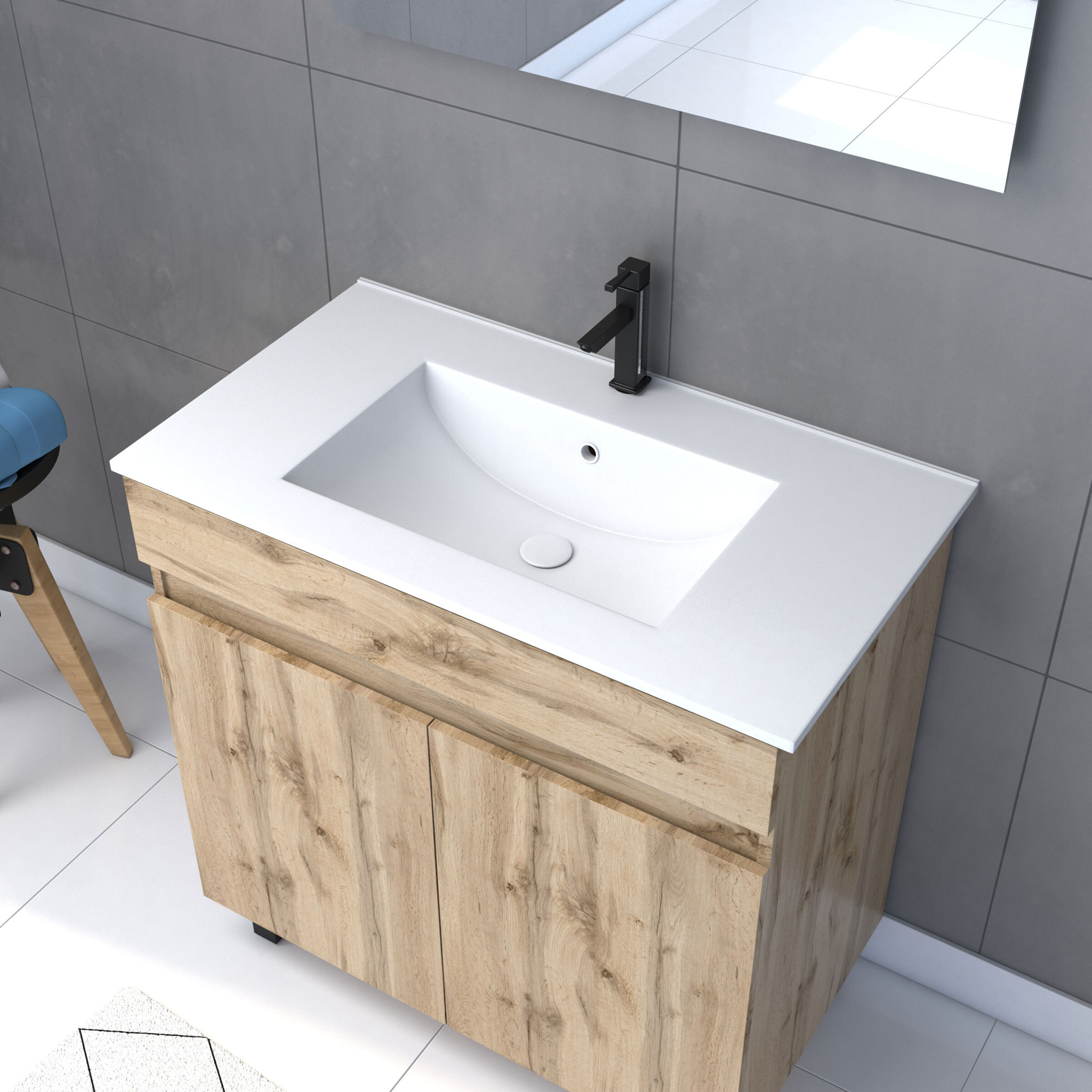Meuble salle de bain 80x80 -Finition chene naturel + vasque blanche + miroir Led- TIMBER 80 - Pack26