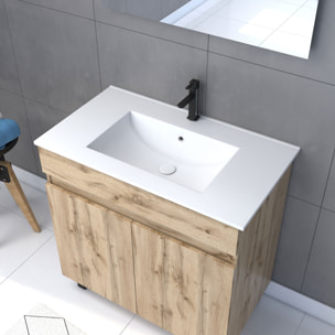 Meuble salle de bain 80x80 -Finition chene naturel + vasque blanche + miroir Led- TIMBER 80 - Pack26