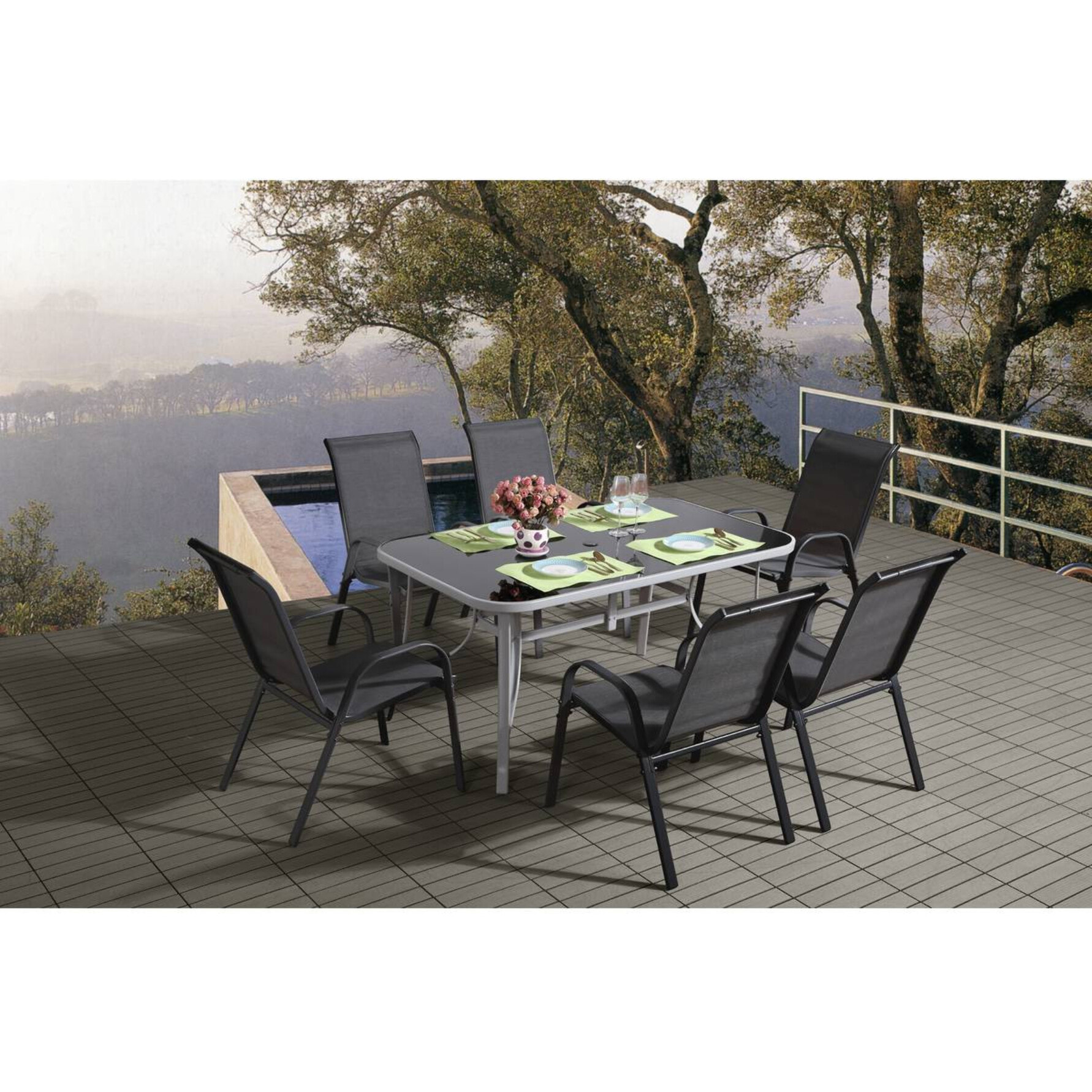 Table et chaises de jardin en textilène "cordoba + Porto" 6 personnes gris foncé