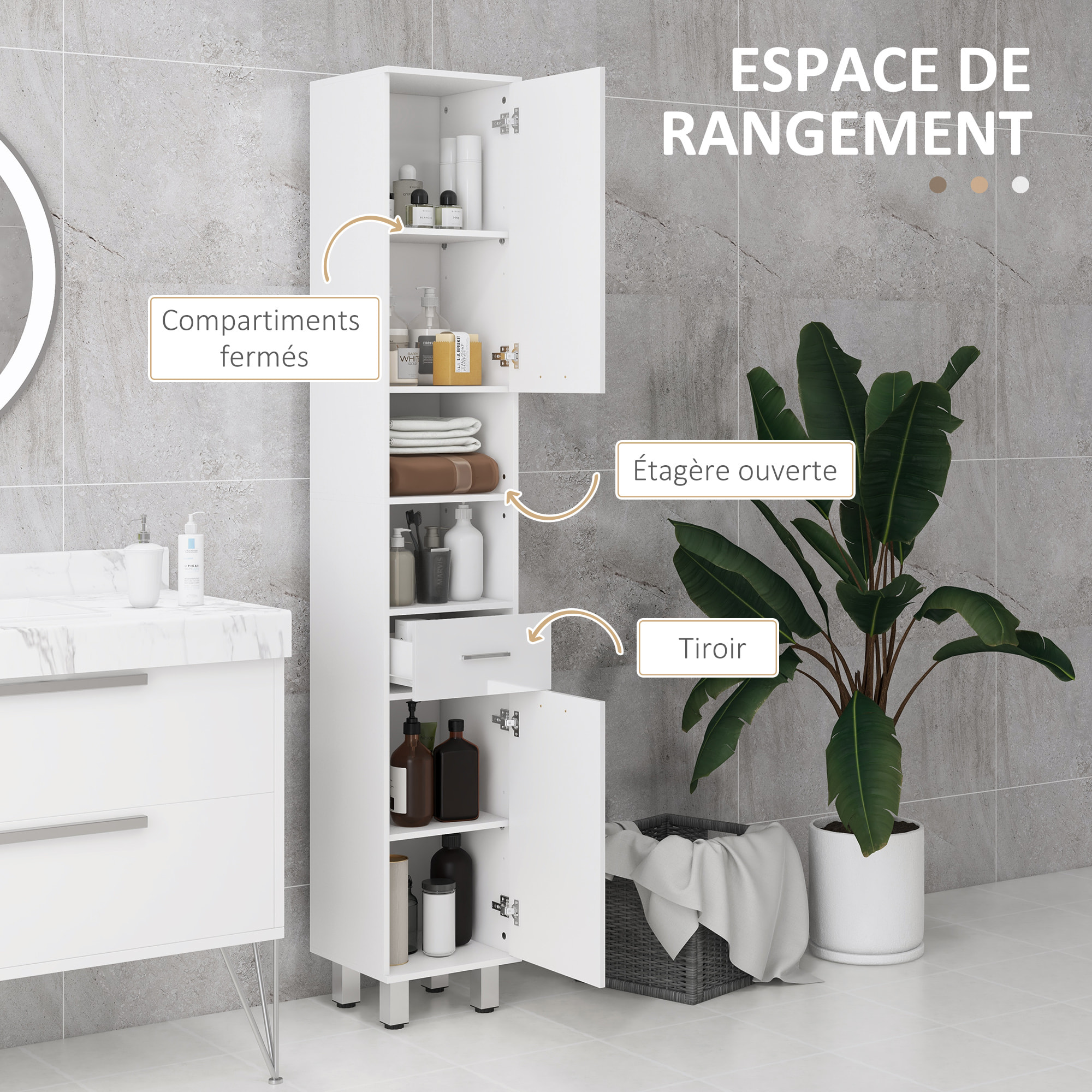 Colonne salle de bain H.180cm façade blanc laqué 2 portes, 2 étagères, 2 niches, tiroir