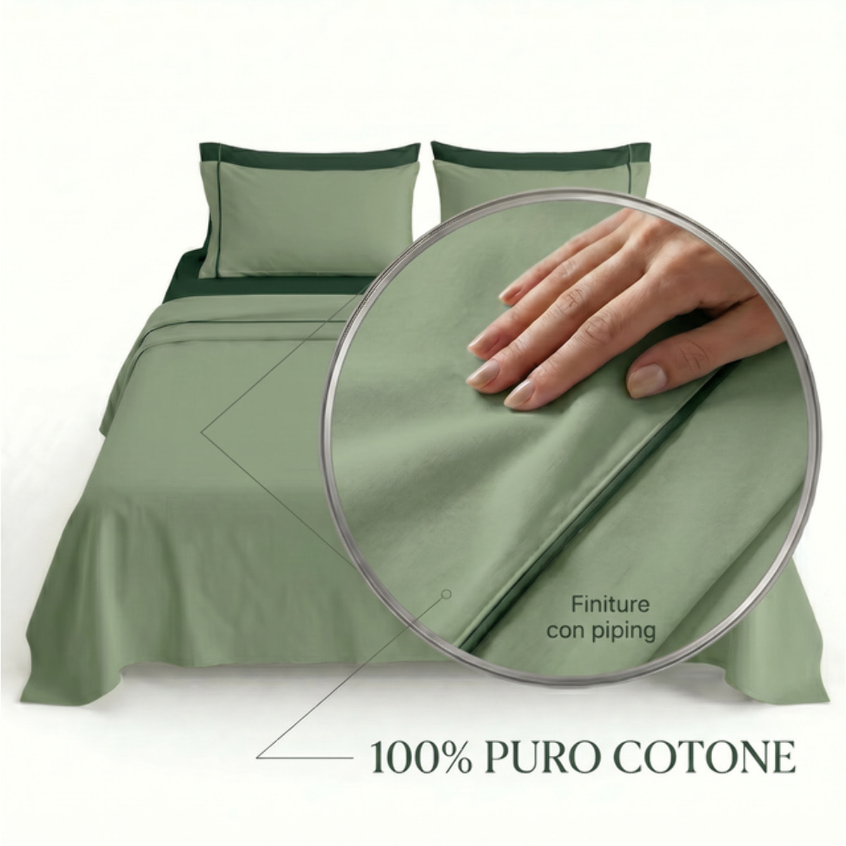 Completo Lenzuola in 100% Cotone con Piping Elegante, Set Letto Morbido e Traspirante con Lenzuolo Sopra, Sotto con Angoli Elasticizzati e Federa Coordinata