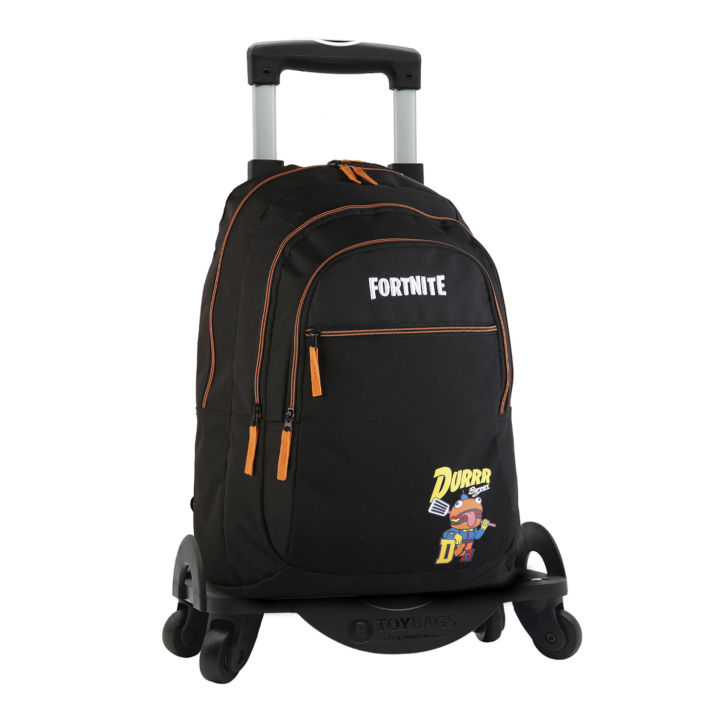 Fortnite Durrr mochila primaria doble compartimento + carro  con protección lateral y stoper frontal, 4 ruedas multidireccionales.