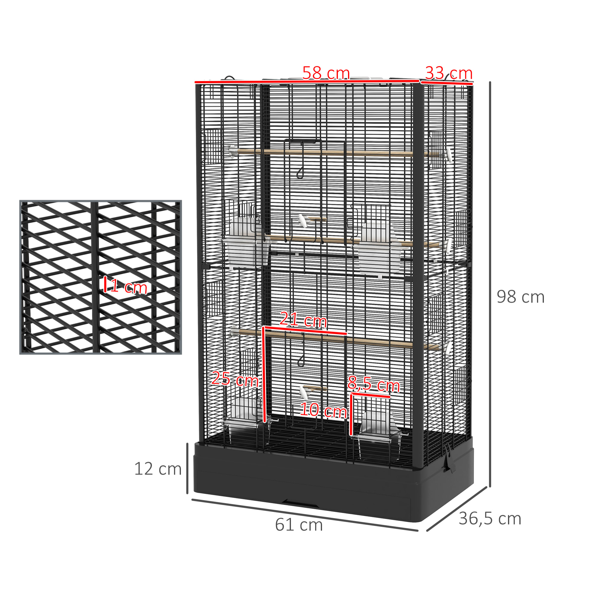 Jaula para Pájaros 61x36,5x98 cm Pajarera con Puertas Perchas Bandeja Extraíble Cajas de Comidas y Asas Jaula para Ninfas Periquitos Pinzones Canarios Negro