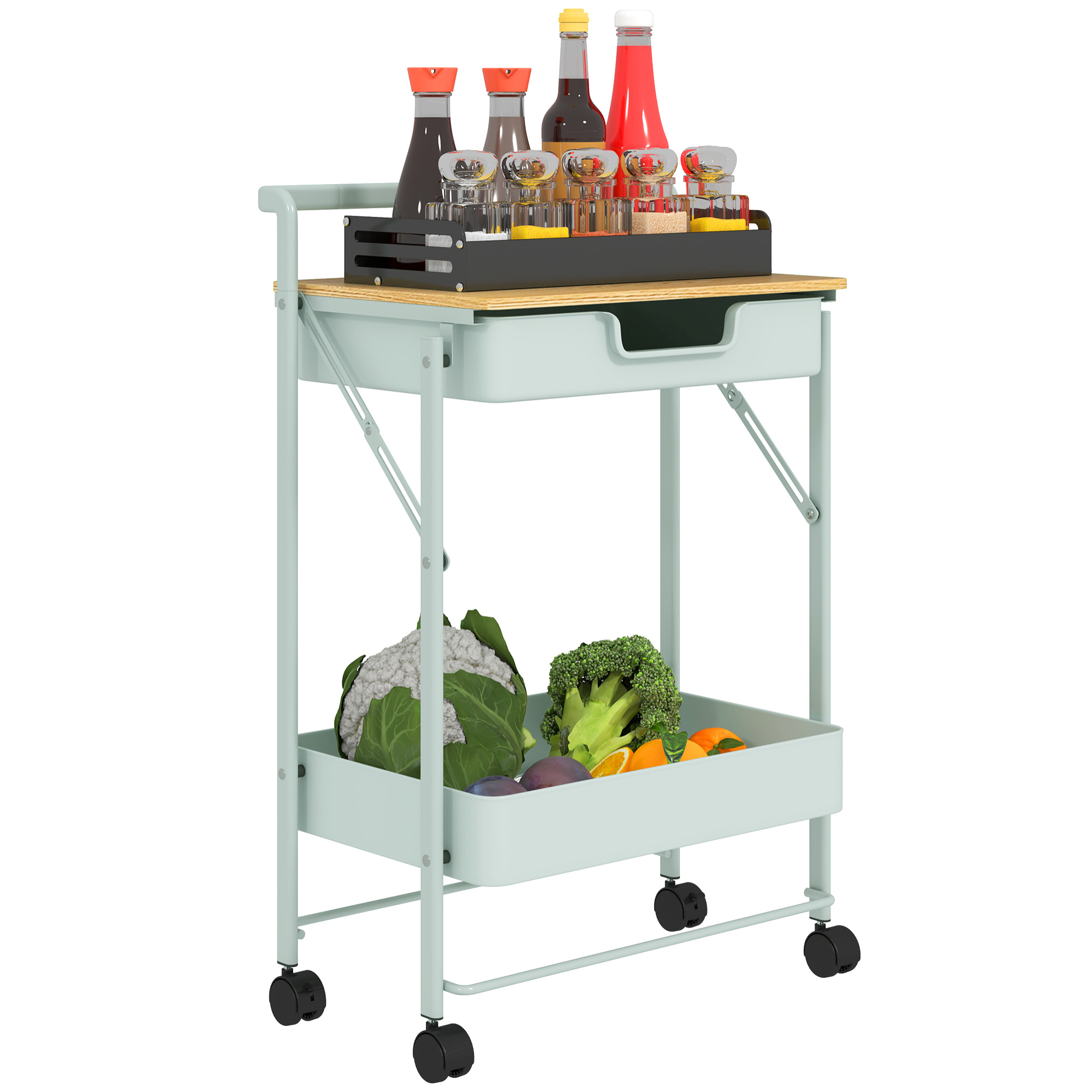 Carrito Auxiliar con Ruedas de 2 Niveles Carro de Cocina con 1 Cajón y 1 Cesta Carrito Organizador para Dormitorio Salón Oficina Verde Claro