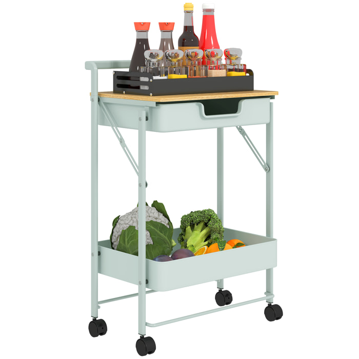 Carrito Auxiliar con Ruedas de 2 Niveles Carro de Cocina con 1 Cajón y 1 Cesta Carrito Organizador para Dormitorio Salón Oficina Verde Claro